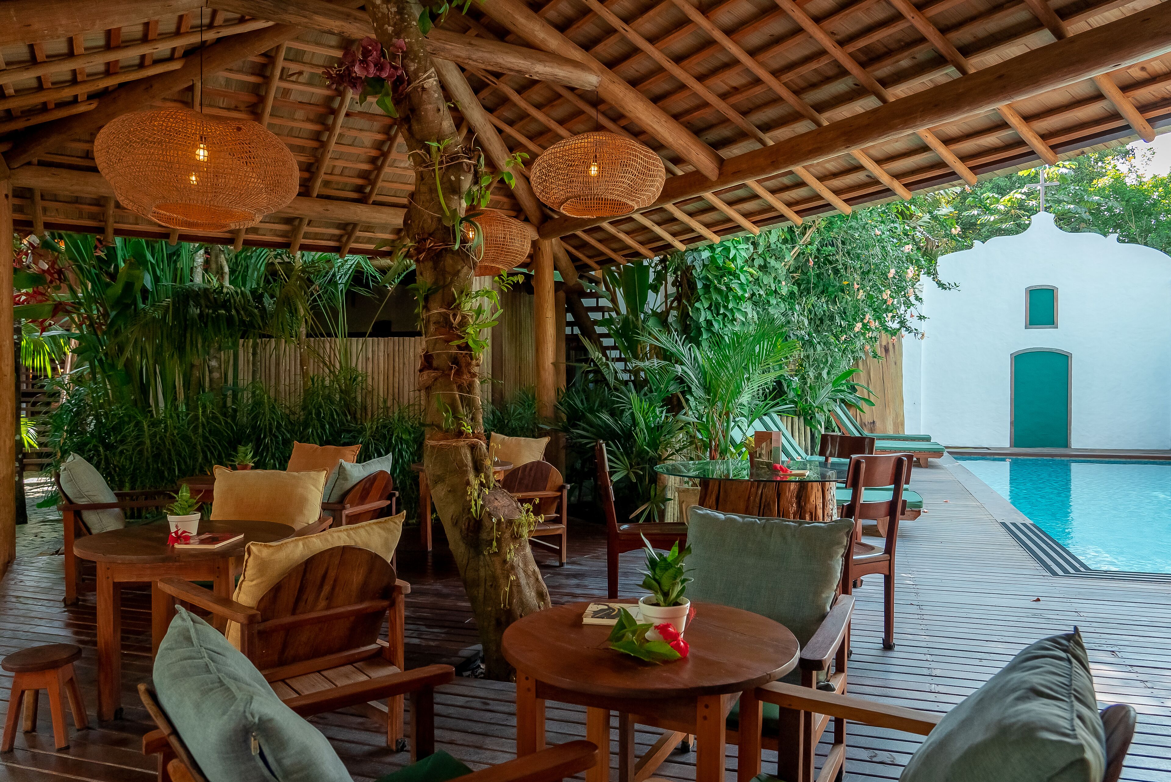 Outdoor pool, a waterfall pool, pool loungers