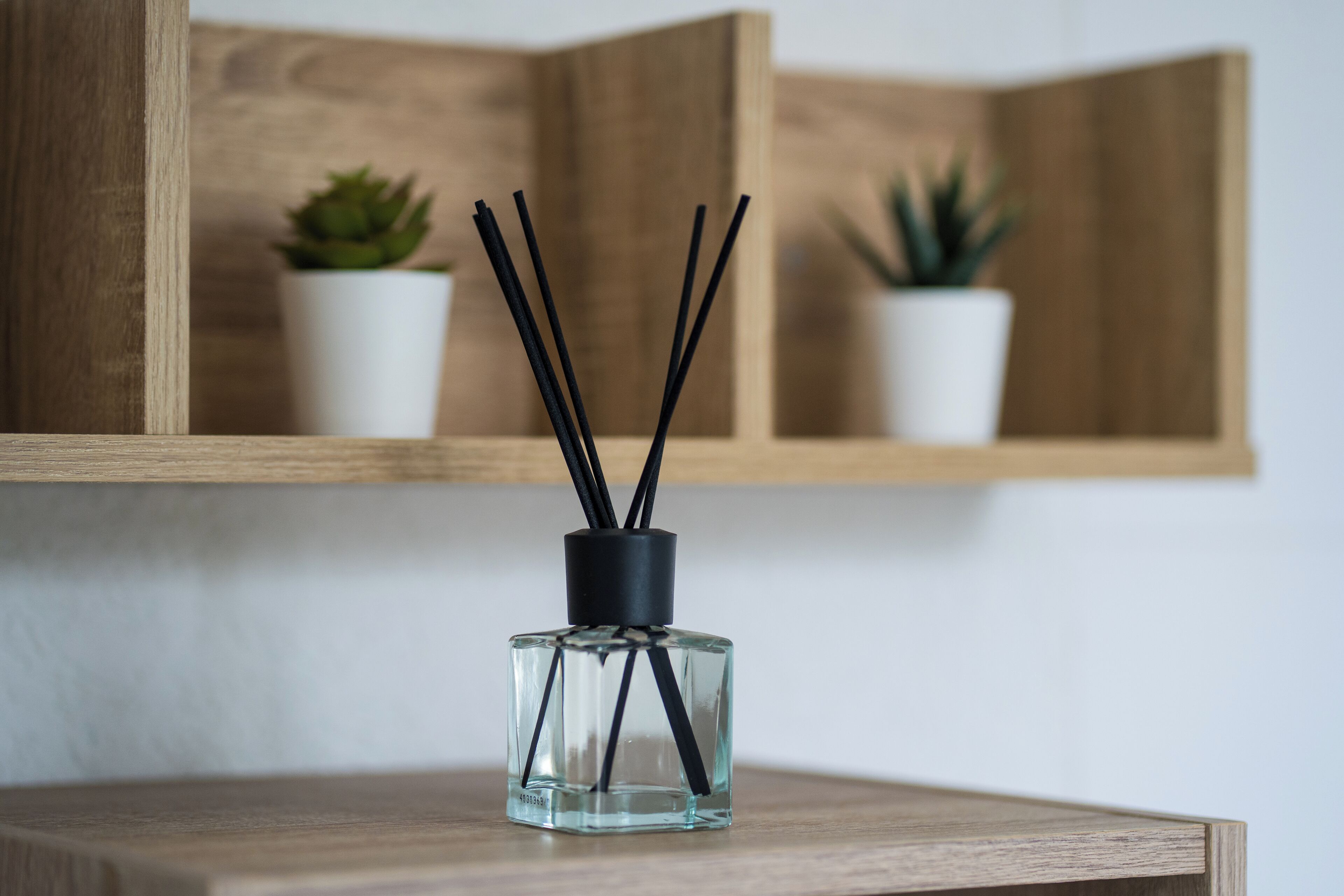Eine klare Glasflasche mit schwarzen Schilfrohren auf einer Holzfläche, im Hintergrund eine Holzablage mit zwei Blumentöpfen.