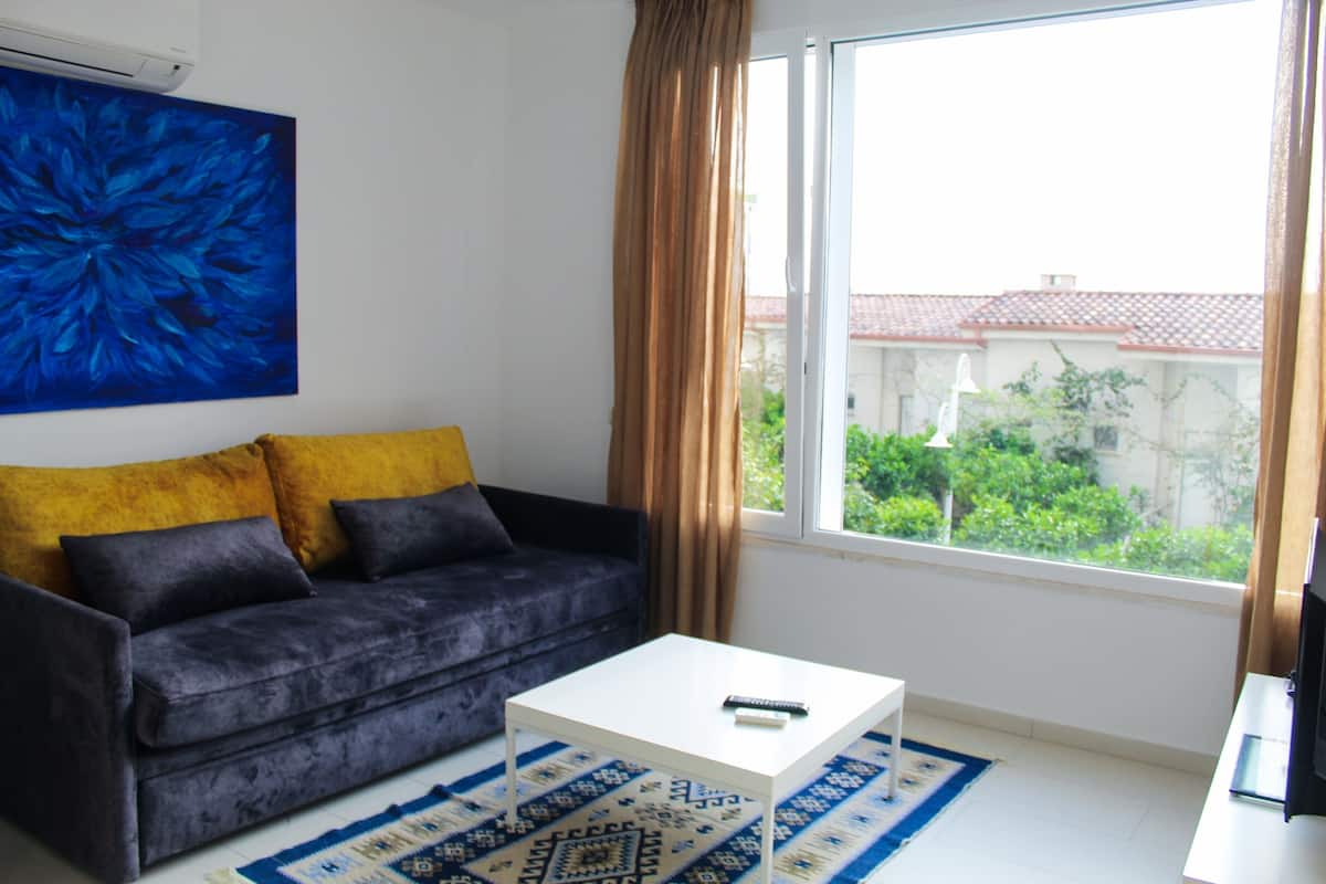 Appartamento, 1 camera da letto, balcone, vista giardino | Area soggiorno | TV a schermo piatto