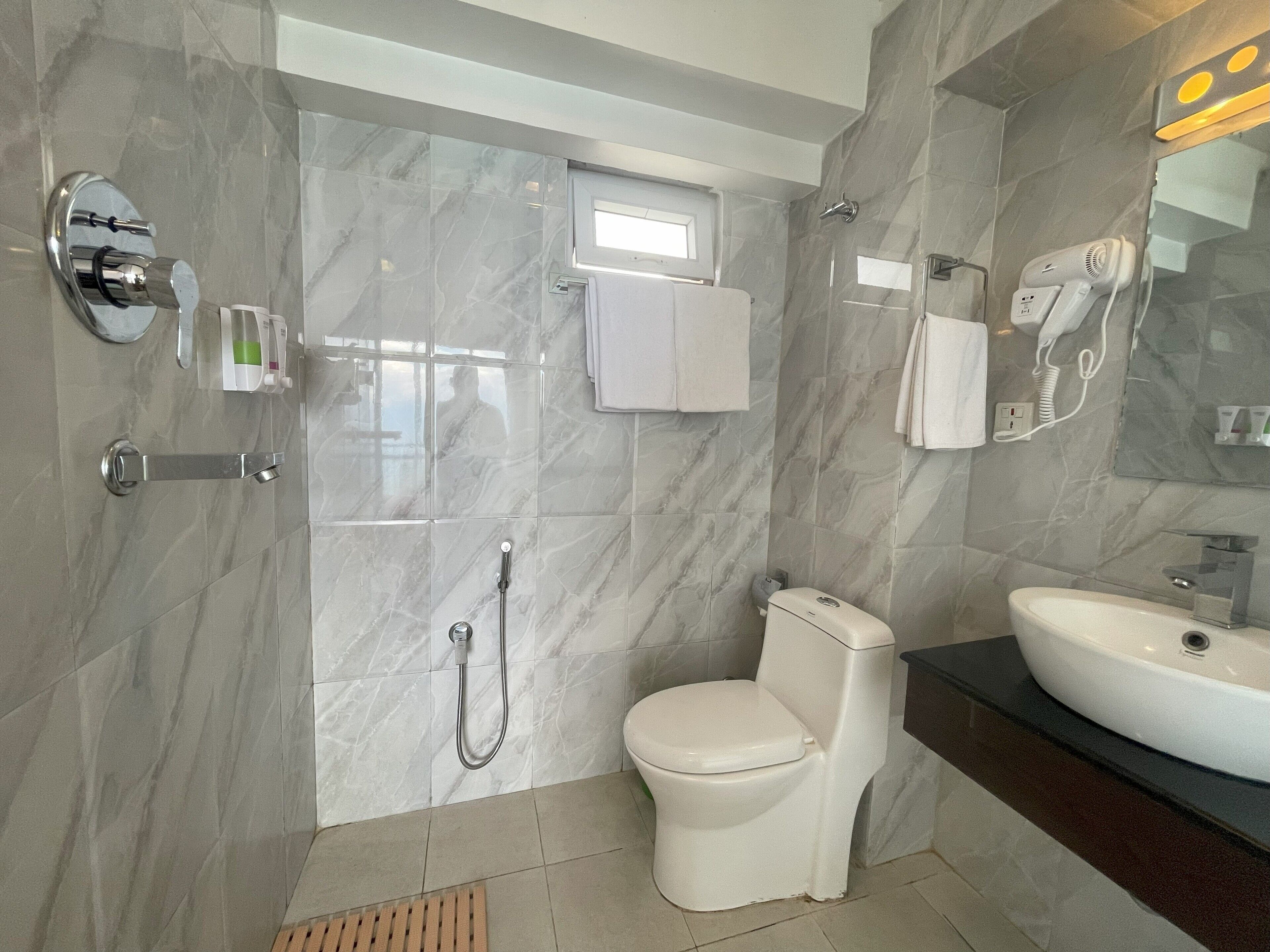 shower, free toiletries, hair dryer, towels