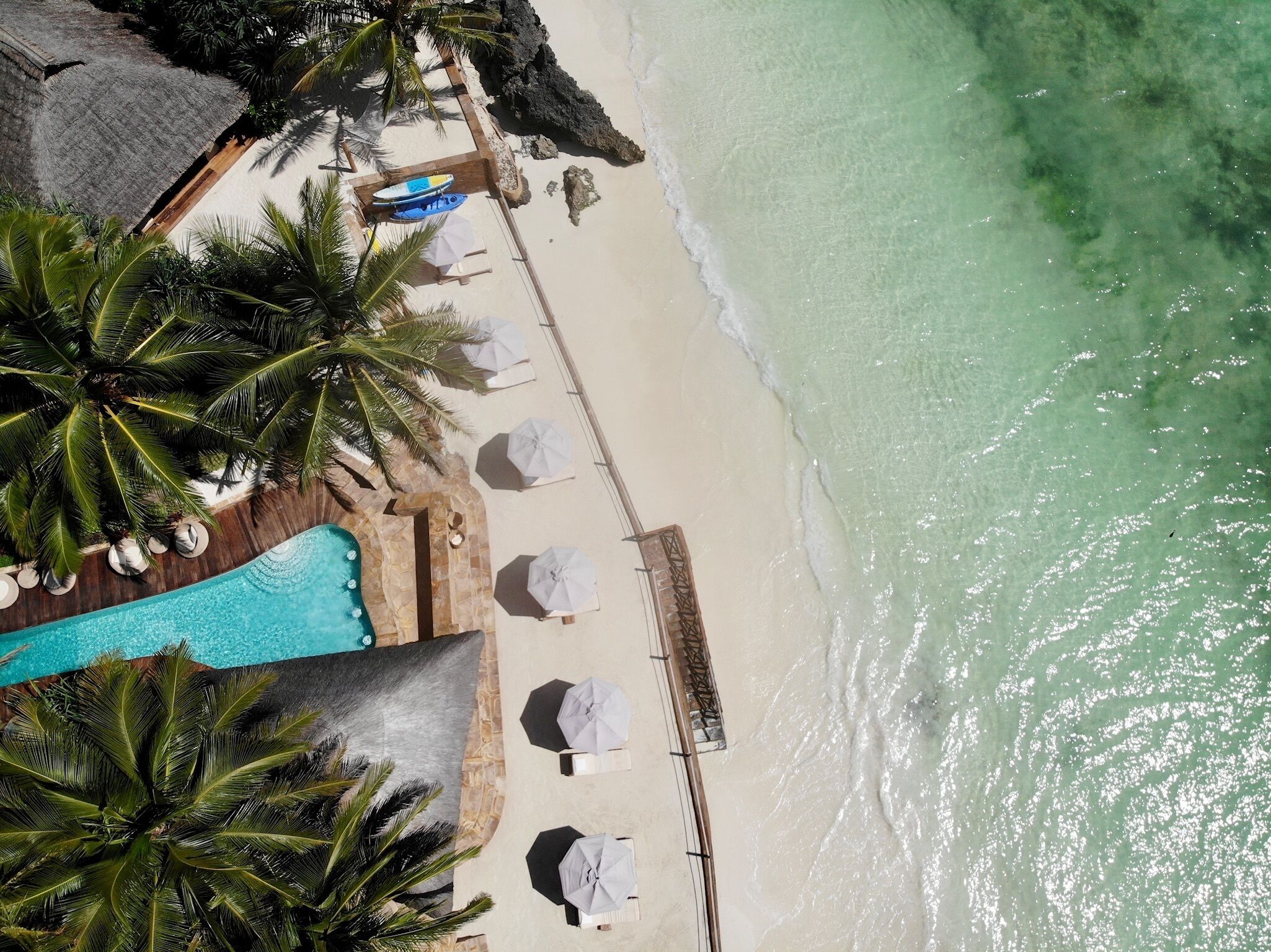 Un complexe hôtelier de bord de mer doté d’une piscine, de parasols, de chaises longues et de palmiers.