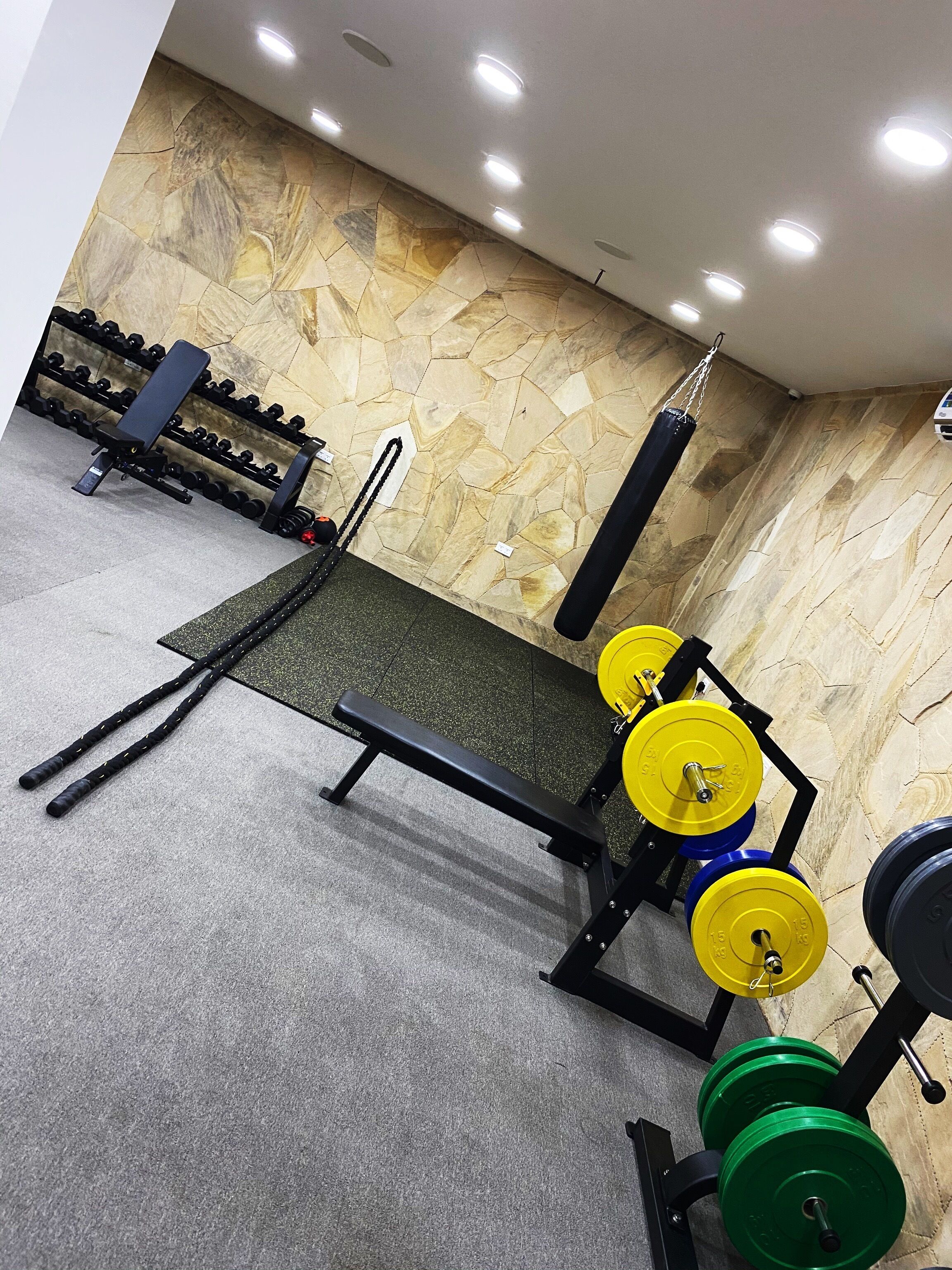 Une salle de sport équipée de matériel de musculation, d’un sac de frappe et d’un mur au motif de pierres.