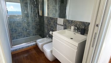 A modern bathroom with a glass shower enclosure, a bidet, and a white vanity with a mirror.