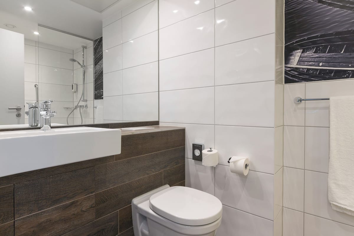 shower, eco-friendly toiletries, hair dryer, towels