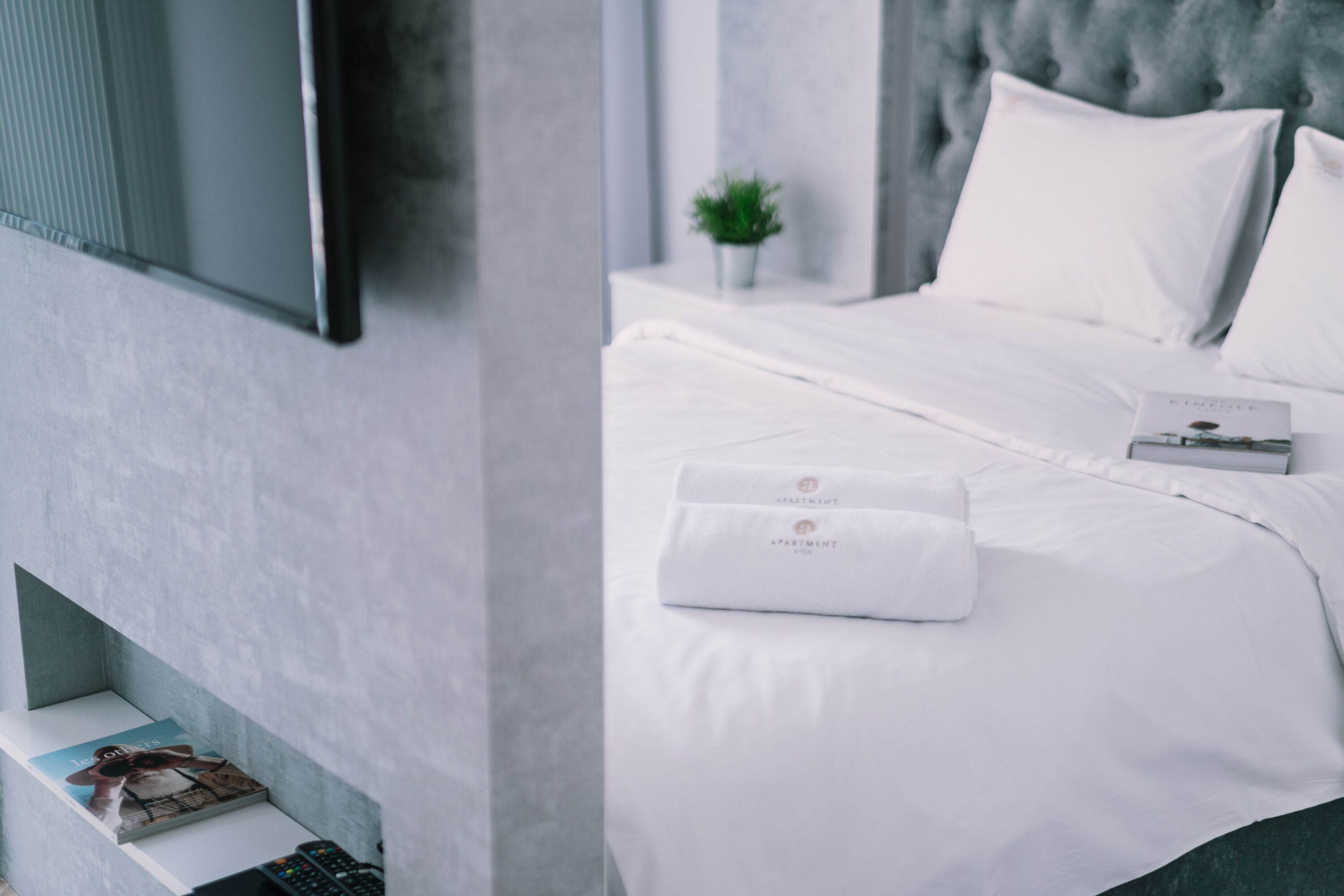 Une chambre à coucher moderne avec un lit, des oreillers, une petite plante et un livre sur une table de chevet.