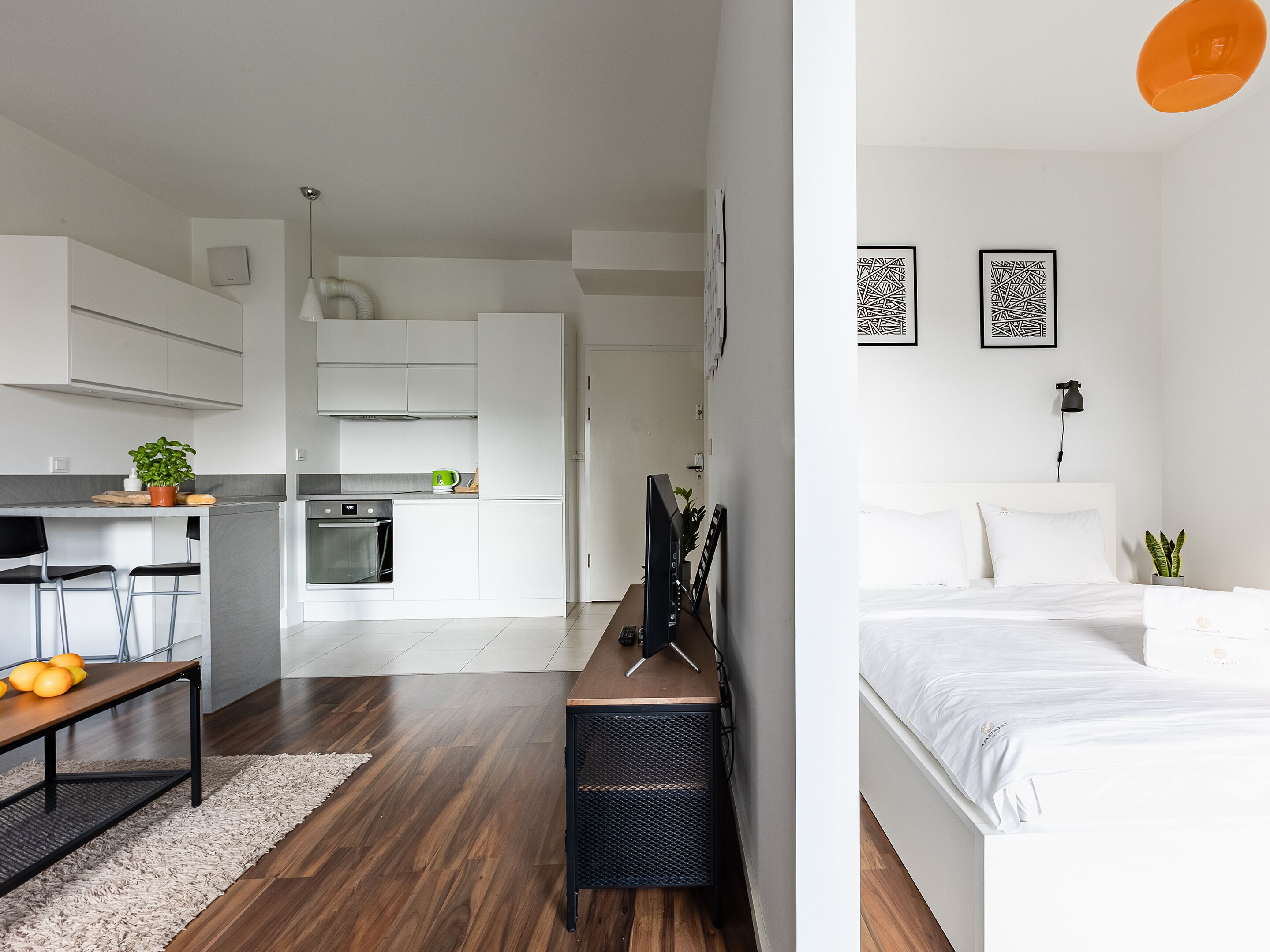 Un apartamento moderno y funcional con kitchenette, comedor y habitación.