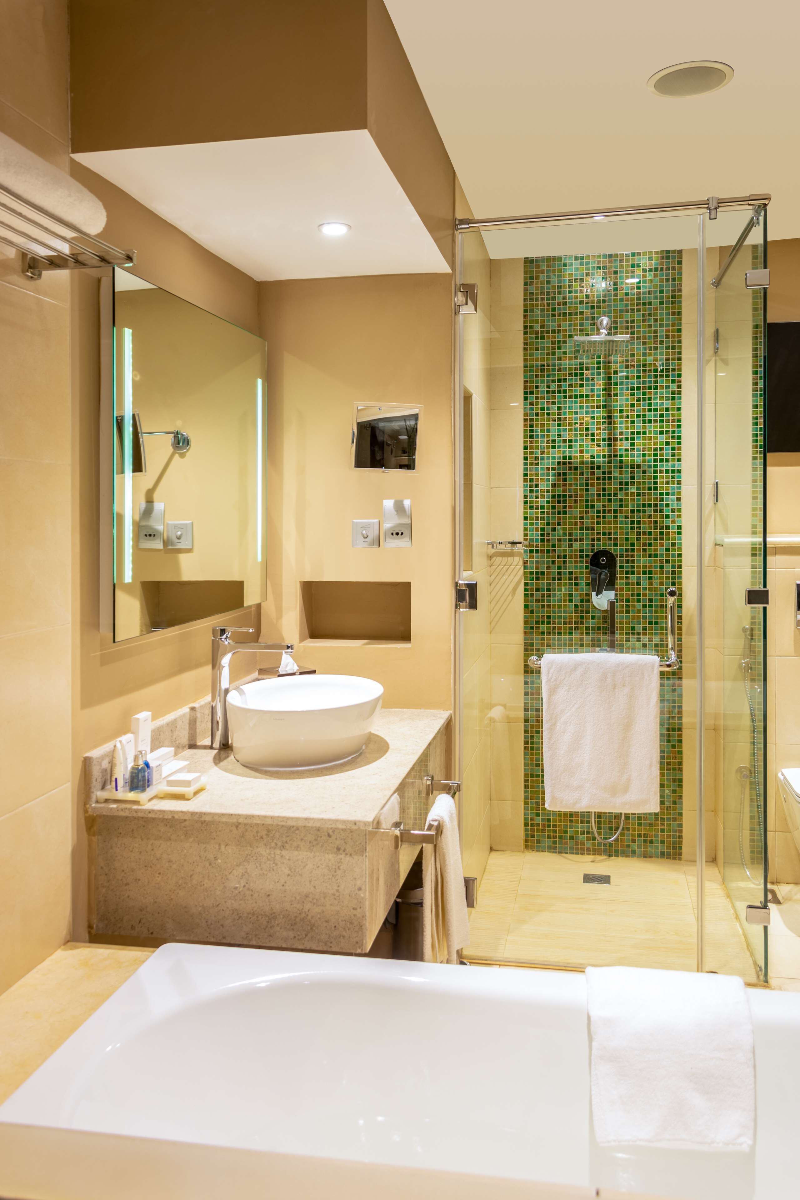 separate bathtub and shower, free toiletries, hair dryer, slippers