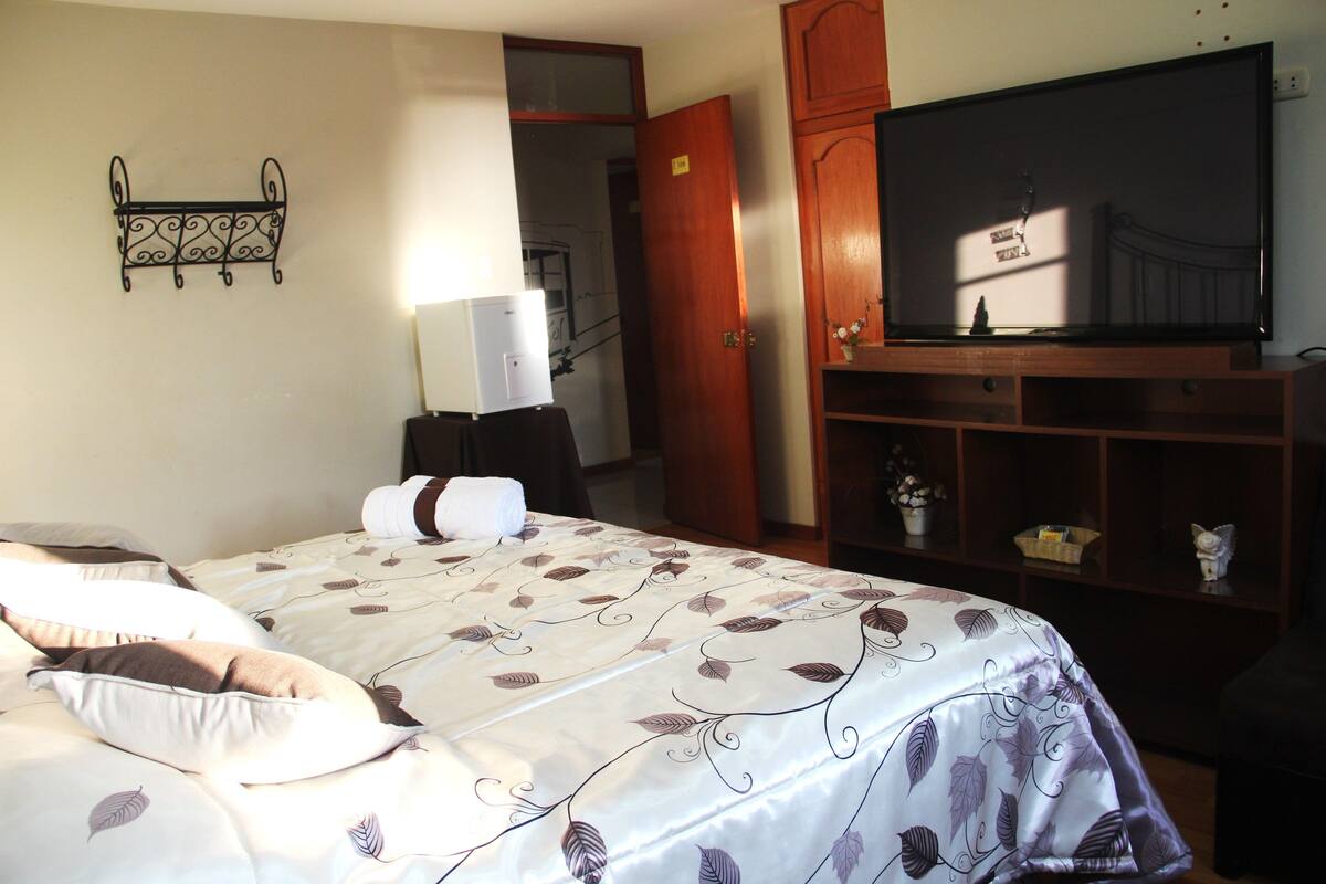 Una habitación de hotel con cama, televisión, un mueble de madera y un pequeño escritorio con silla.