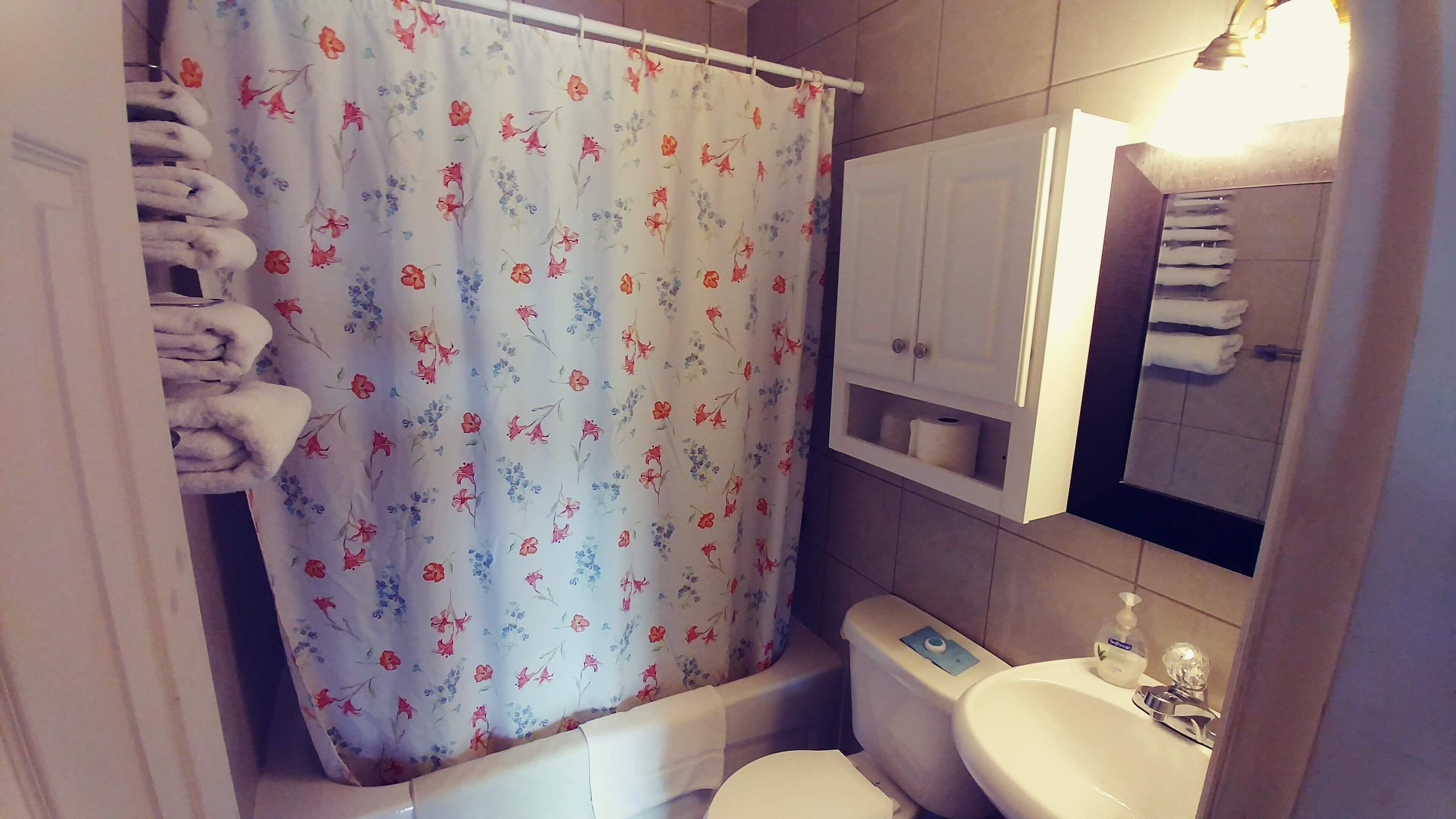 Un baño con cortina de ducha estampada con motivos florales, un inodoro, un lavabo con dispensador de jabón y un perchero con toallas.