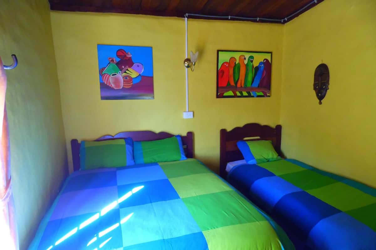 A room with two beds, each with colorful bedding. There are two paintings on the walls, one of a bird and another of parrots.