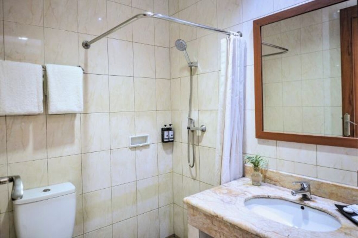 A bathroom with a shower, toilet, sink, and mirror.
