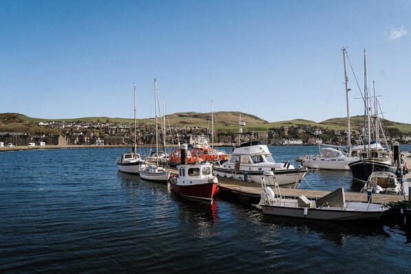 A marina with several boats docked, a pier, and a town in the background.