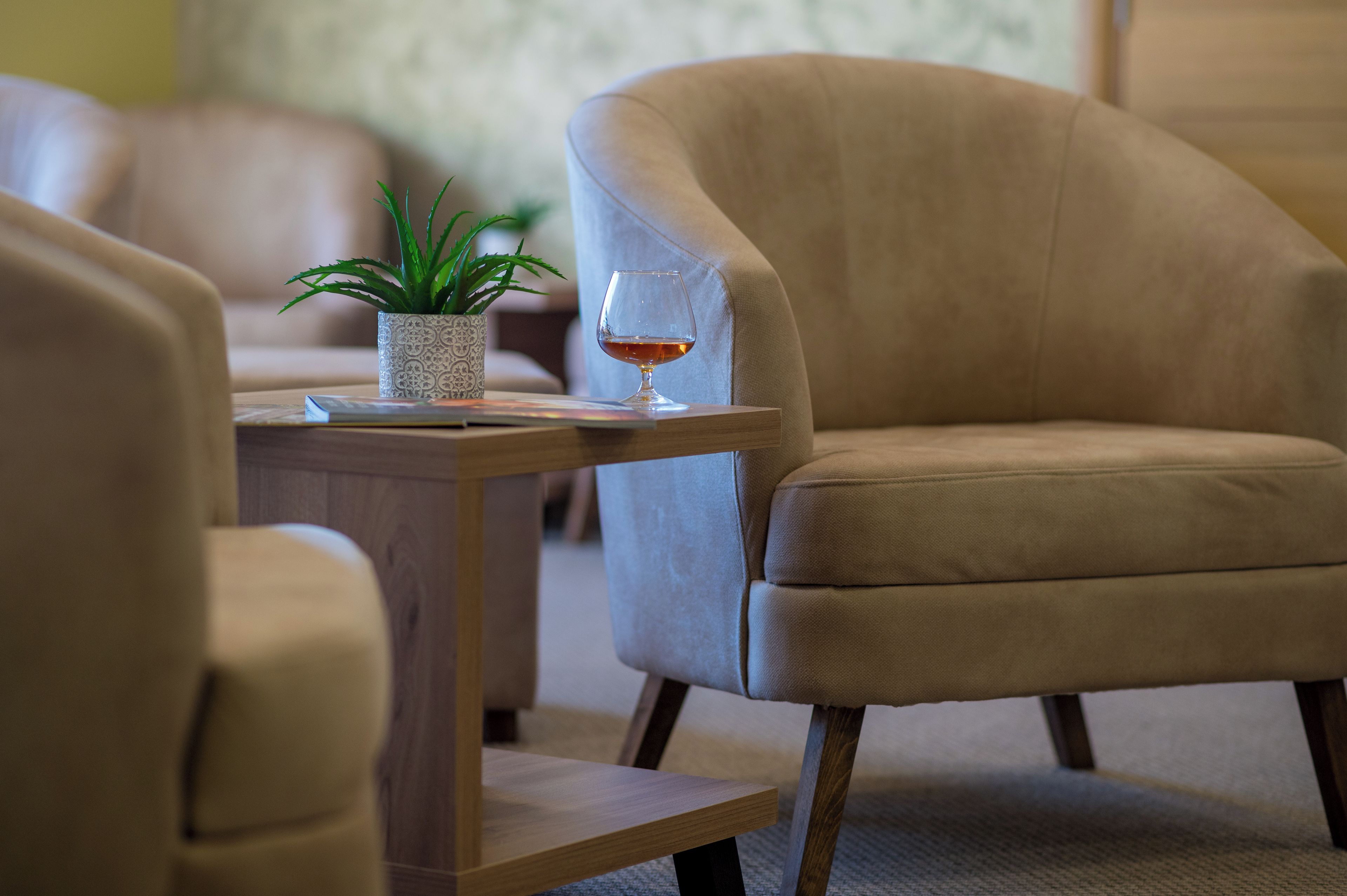 Una habitación con un sillón beige, una mesita con un vaso de líquido ámbar y una planta en maceta.