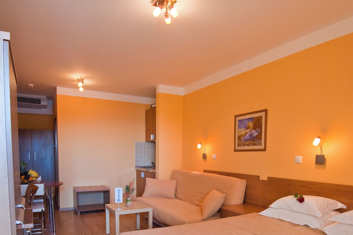 Una habitación de hotel con una cama grande, un sofá, una mesita, una silla y una zona de kitchenette.