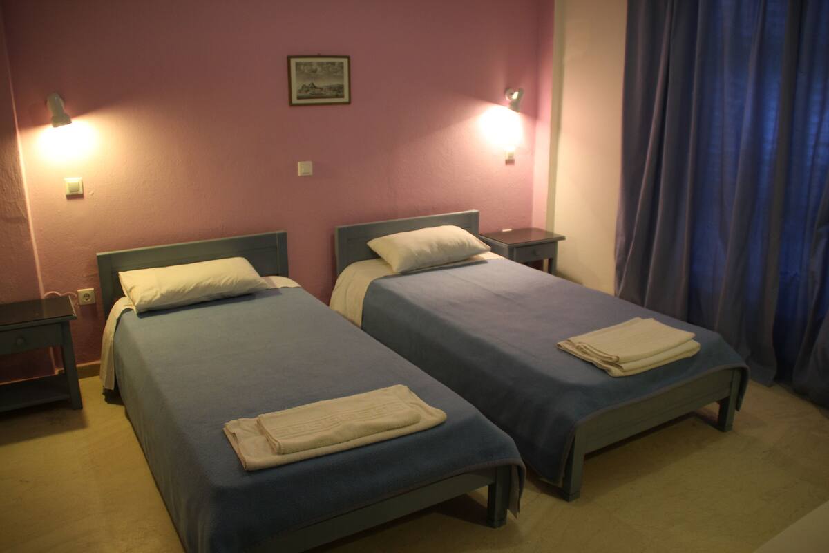 A hotel room with two single beds, each with a blue bedspread and a white pillow. There are bedside tables with lamps, a small painting on the wall, and a window with blue curtains.