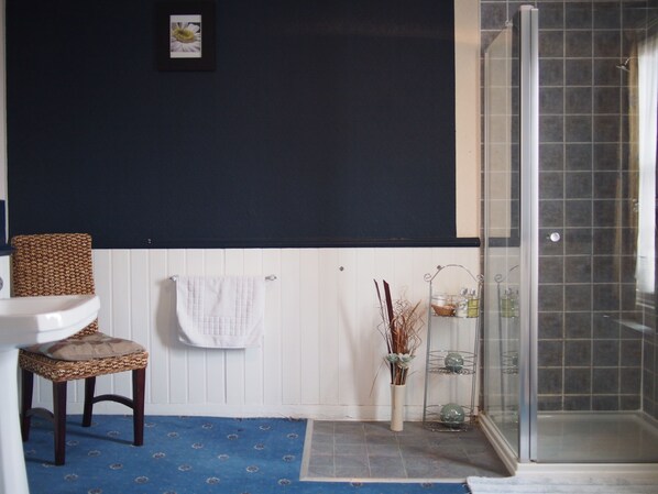 Une salle de bain avec un lavabo blanc, une chaise, une serviette blanche, un vase contenant des plantes séchées et un espace douche.