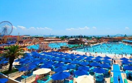 A large outdoor swimming pool with numerous blue umbrellas, a Ferris wheel, and a clear blue sky.