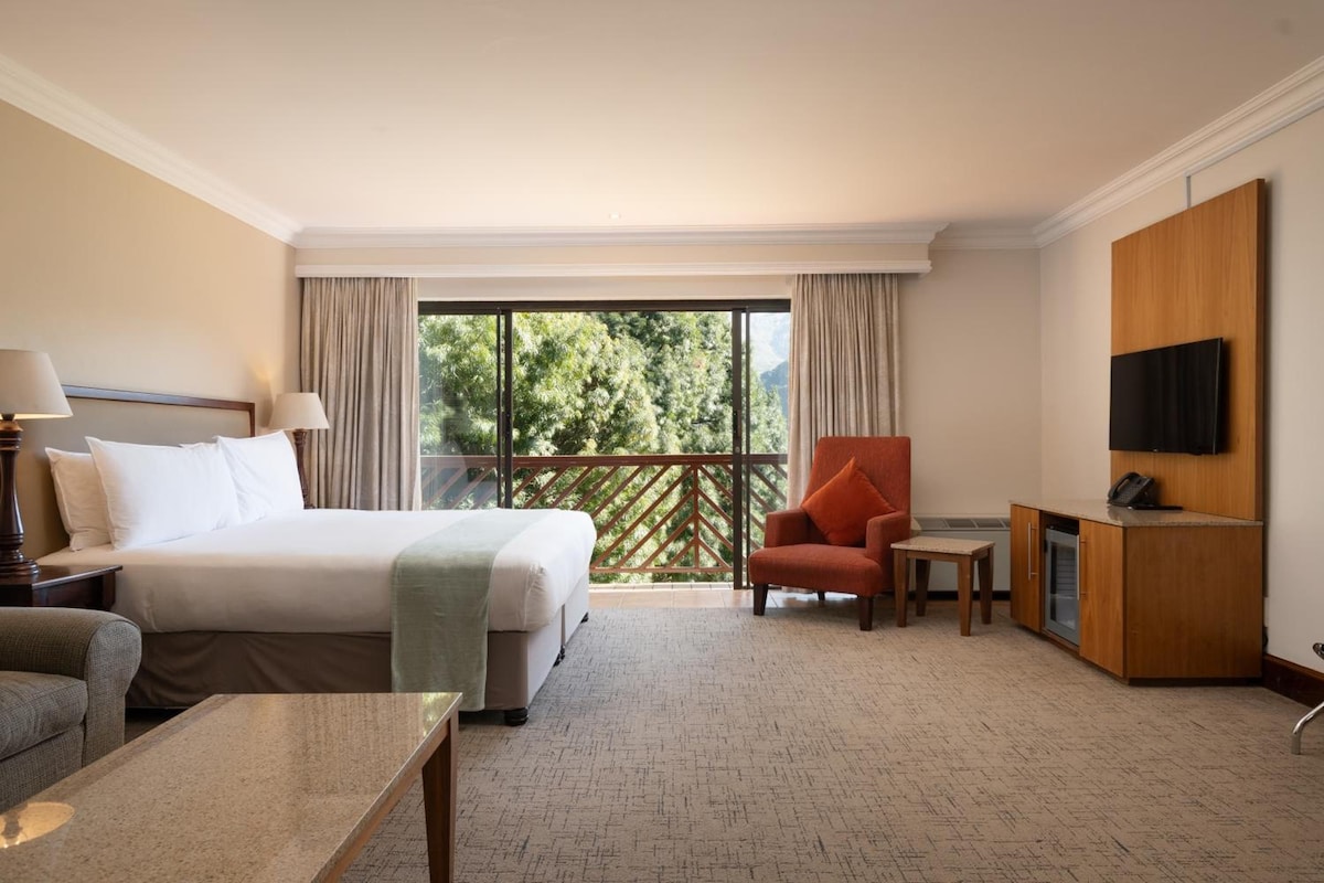 A hotel room with a bed, a desk, a chair, a television, and a balcony with a view of trees.