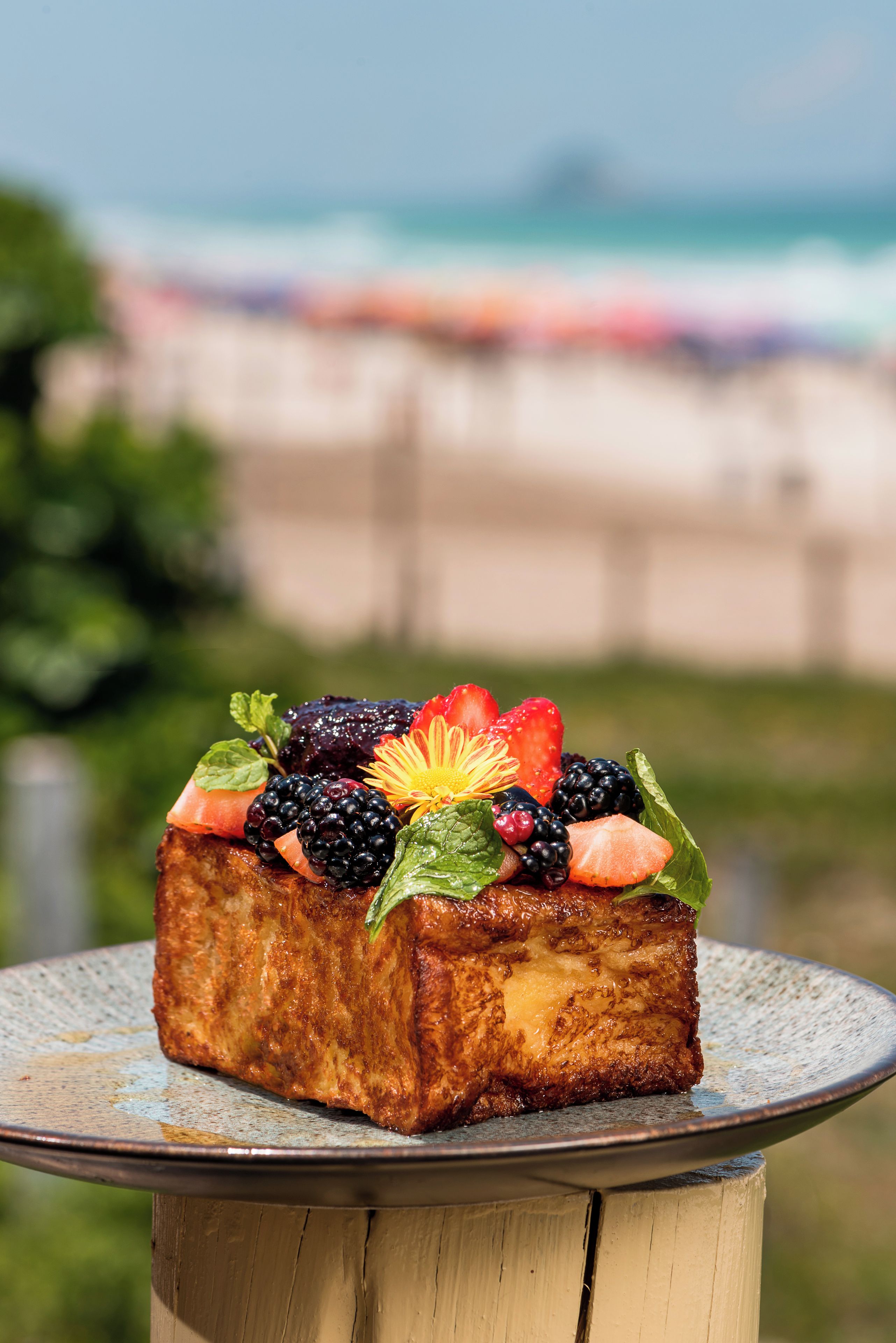 A slice of breaded food item on a plate with a blurred outdoor background.
