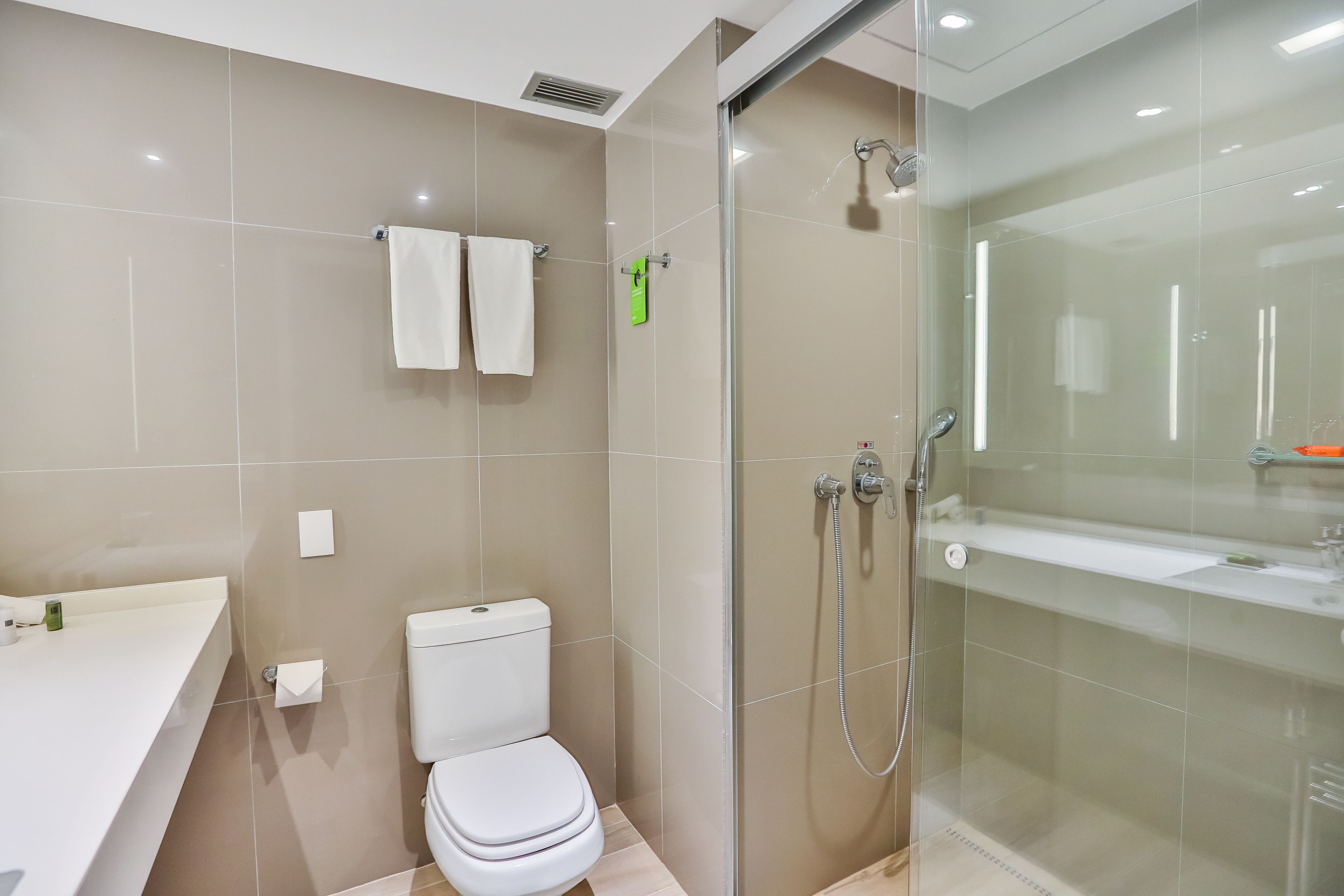 A modern bathroom with a glass-enclosed shower, a toilet, and a sink.