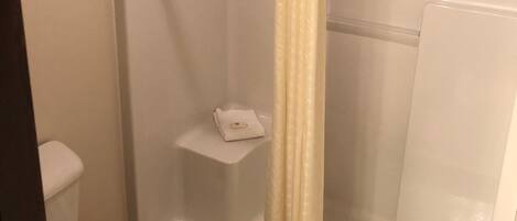 A small, enclosed shower area with a glass door, a toilet, and a shelf with a towel.