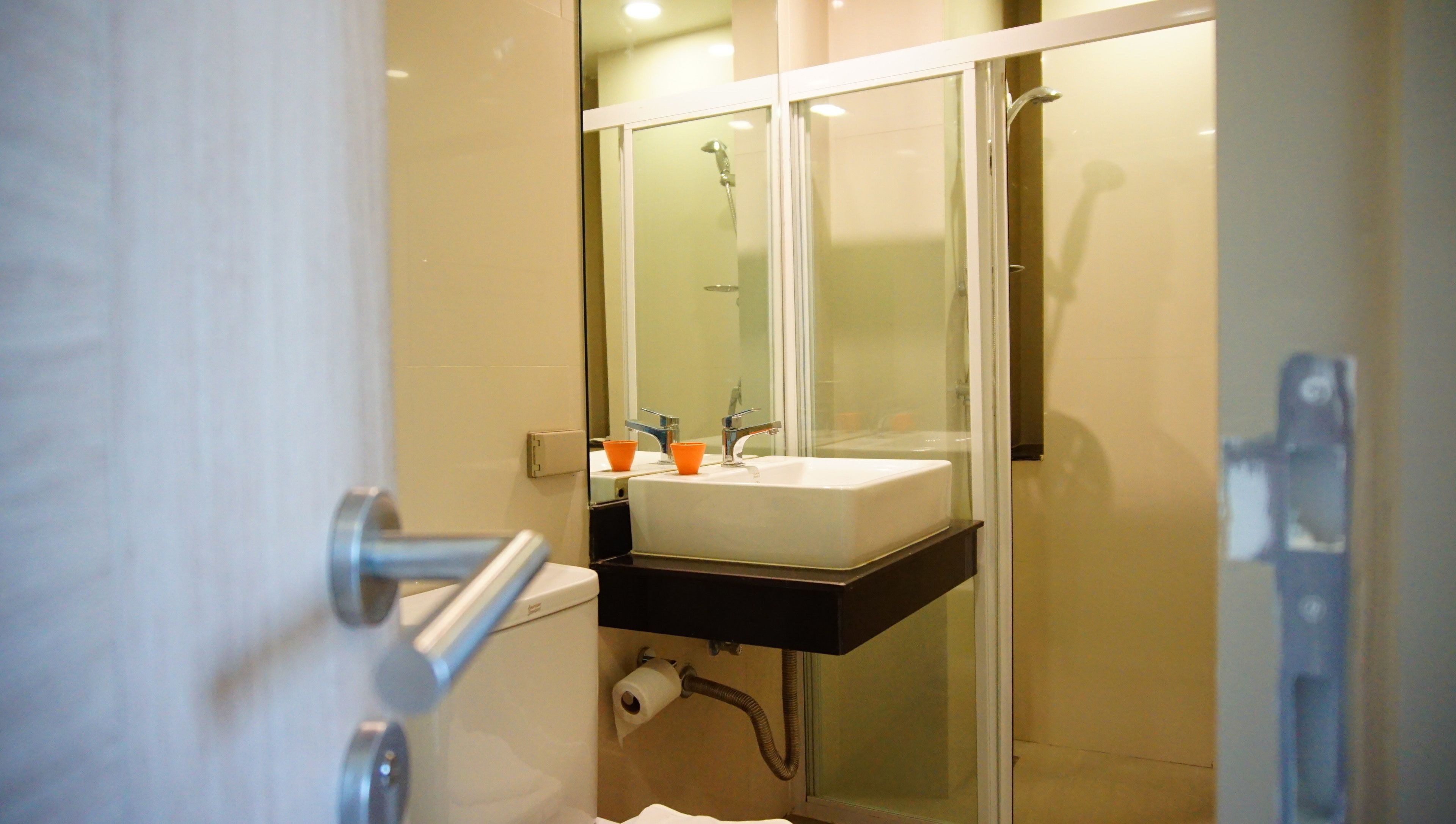 Un baño moderno con ducha envuelta en vidrio, un lavabo blanco y un inodoro.