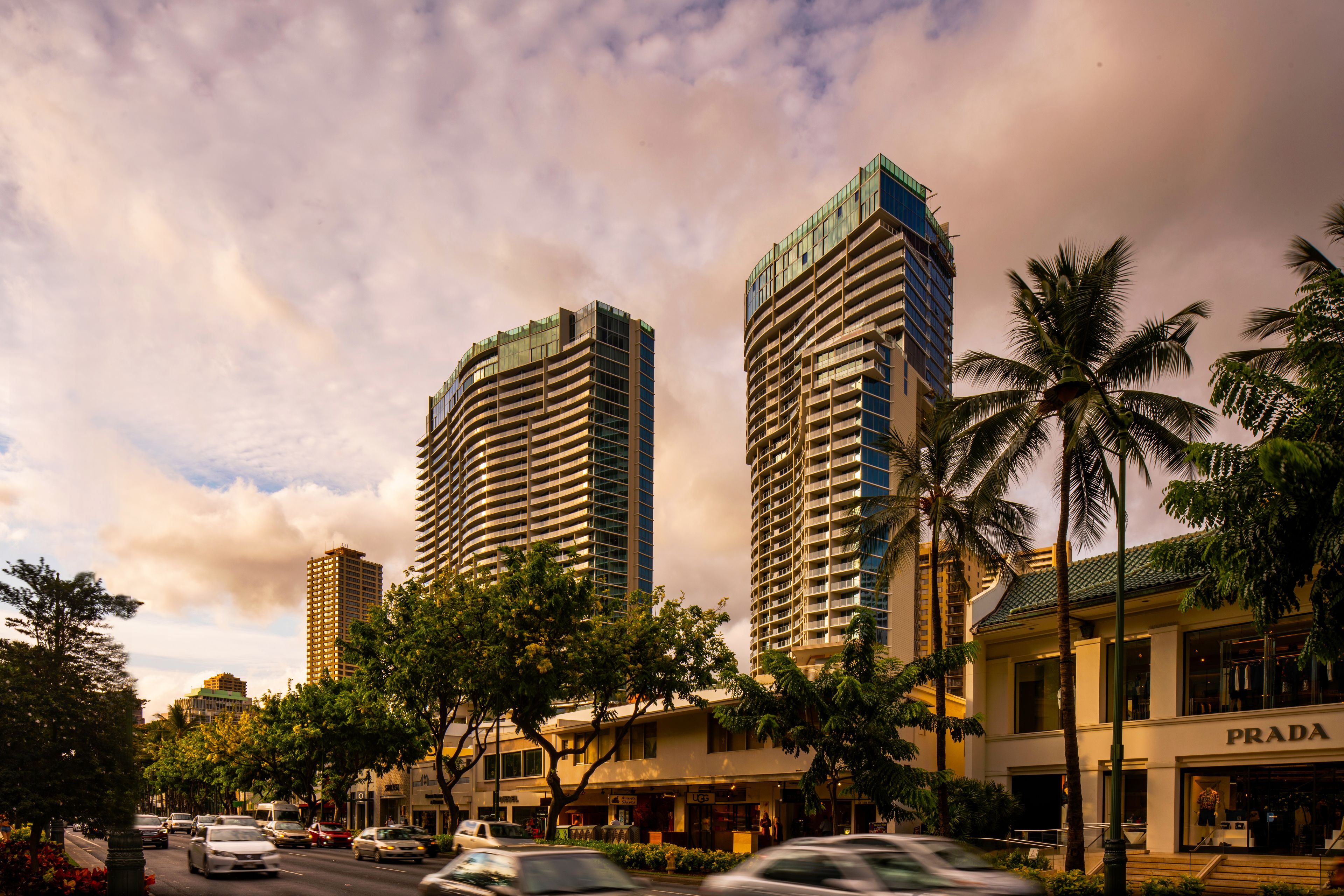 A city street with tall buildings, palm trees, and a PRADA store.