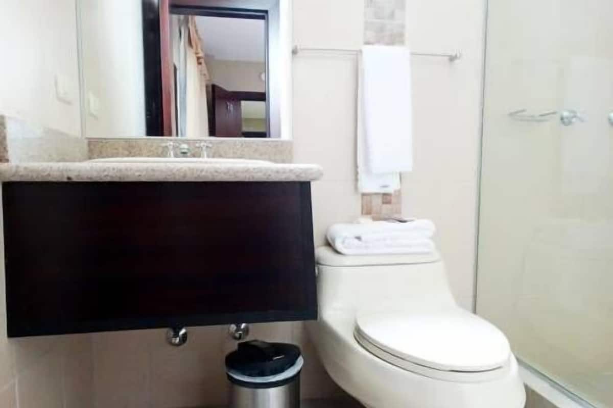 Shower, free toiletries, towels