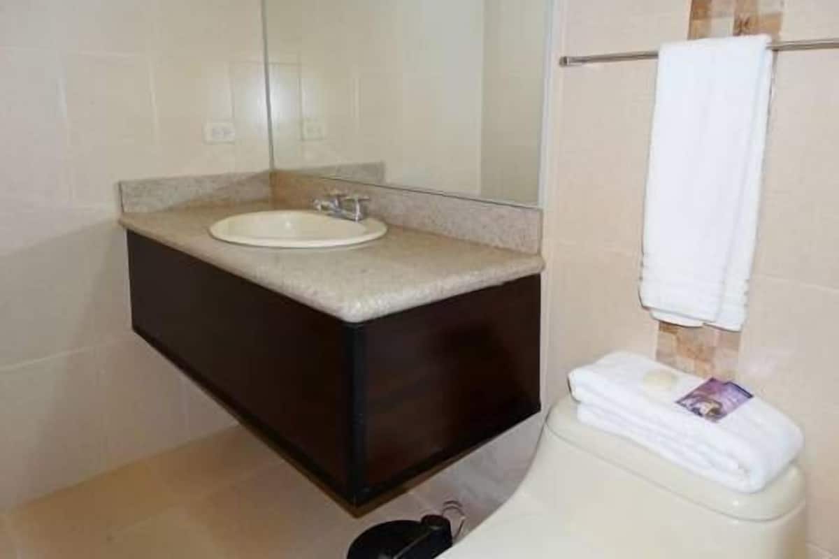 Shower, free toiletries, towels