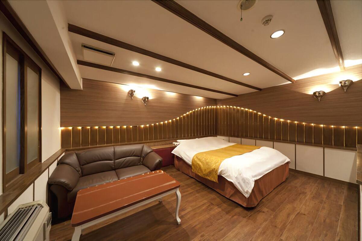 A hotel room with a bed, a sofa, a small table, and a built-in heater.