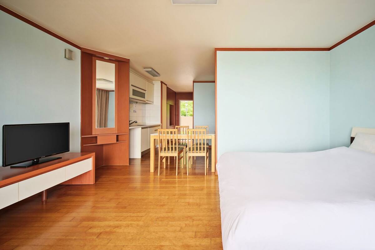 A room with a bed, a TV on a stand, a wooden dining table with chairs, and a kitchenette.