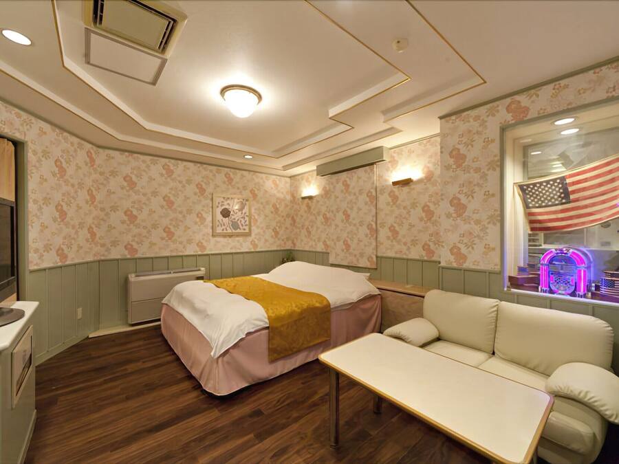 A room with a bed, a sofa, a TV, and a window with an American flag.