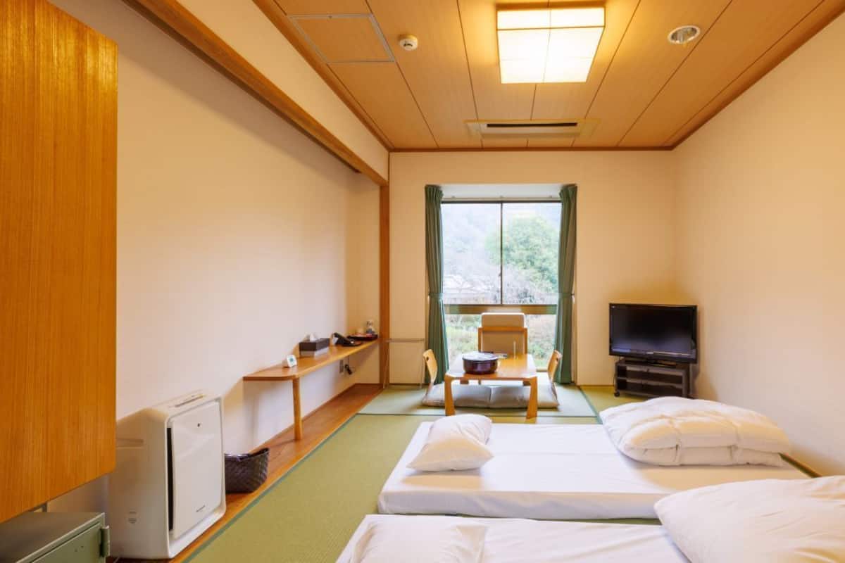 A hotel room with two beds, a TV, a window with curtains, a small table with a bowl, and a radiator.