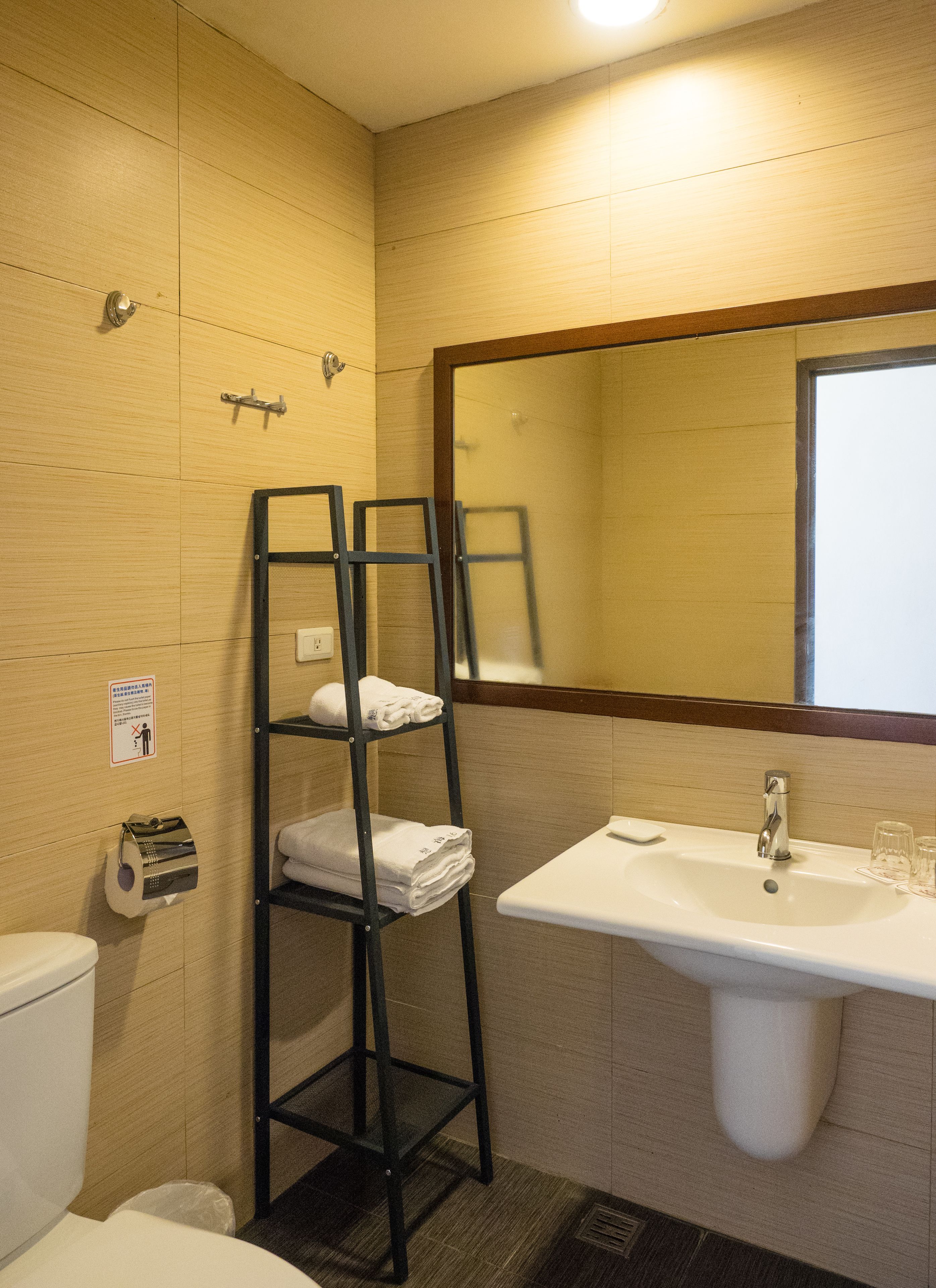 A bathroom with a toilet, a sink, a towel rack, and a mirror.