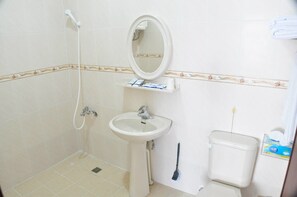 Shower, free toiletries, hair dryer, slippers