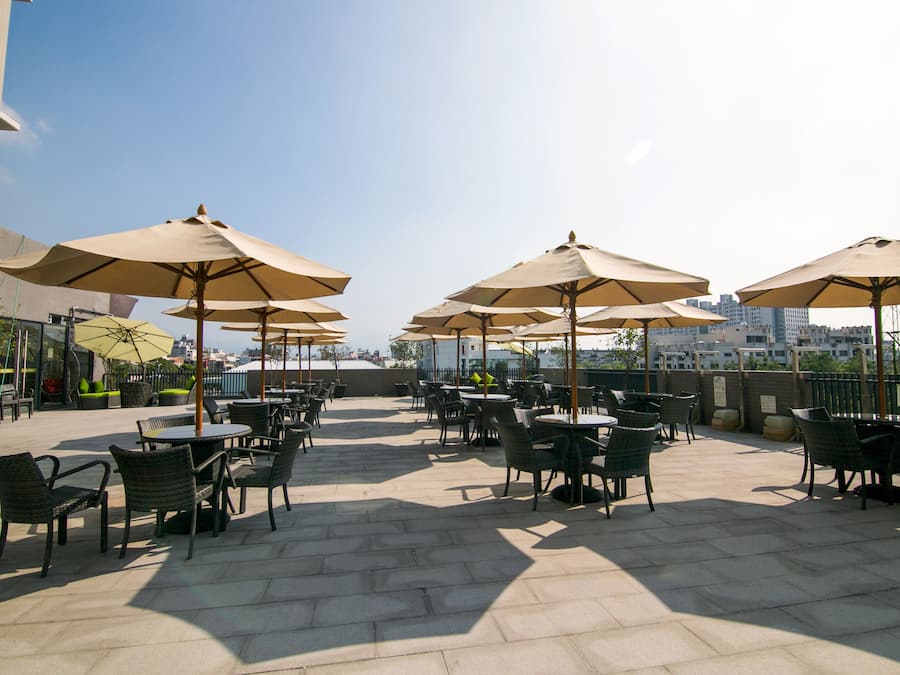 Seasonal outdoor pool, pool umbrellas, pool loungers