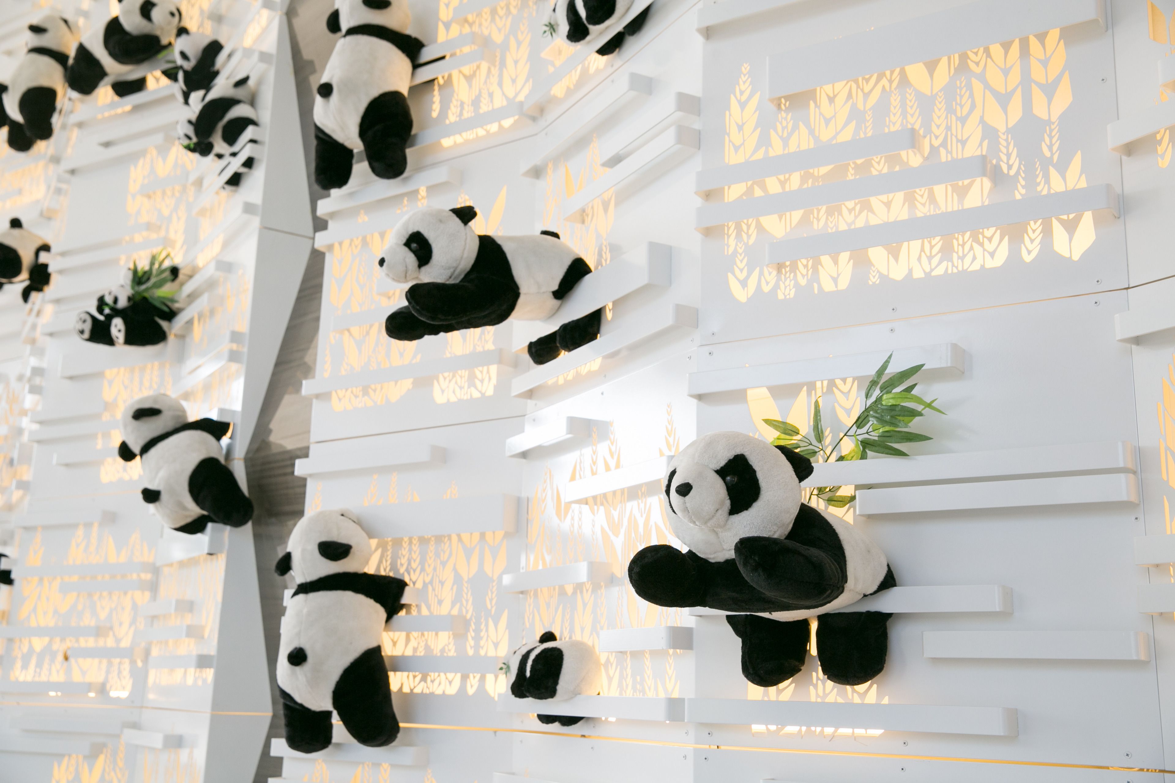 A wall with multiple panda sculptures and small plants.