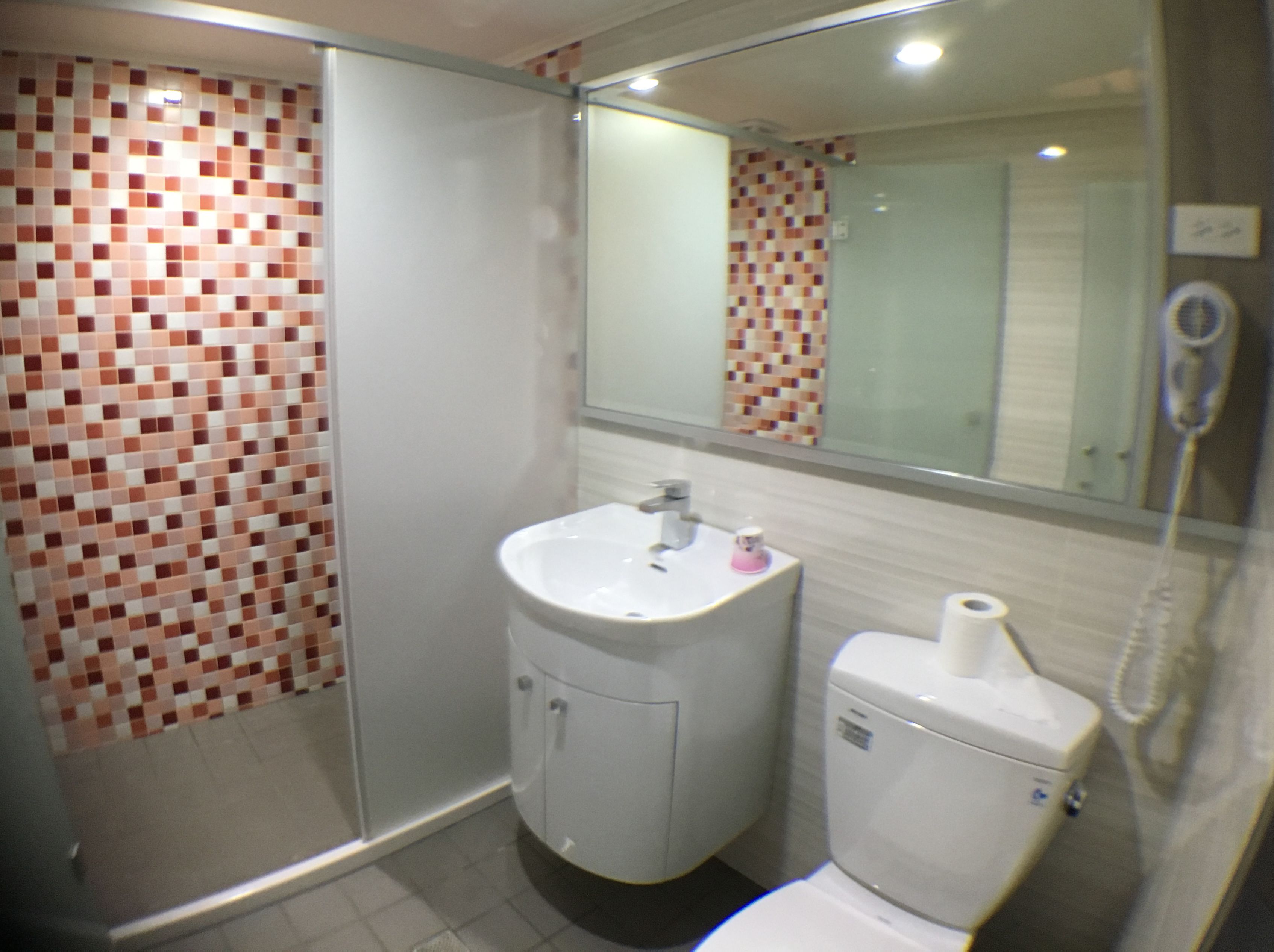 design double room | bathroom | shower, free toiletries, hair dryer, slippers