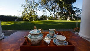 Una bandeja con servicio de té sobre una mesa con vista a un césped cuidado y árboles.