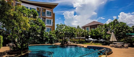 Outdoor pool, pool umbrellas, pool loungers