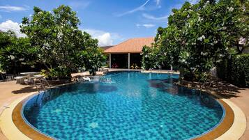 Outdoor pool, pool umbrellas, pool loungers