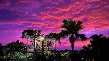 Una estructura tipo quiosco rodeada de abundante follaje y palmeras bajo un cielo de atardecer intenso.