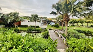 A lush garden with a wooden pathway leading to a building. - Pangola B&B (Hengchun)