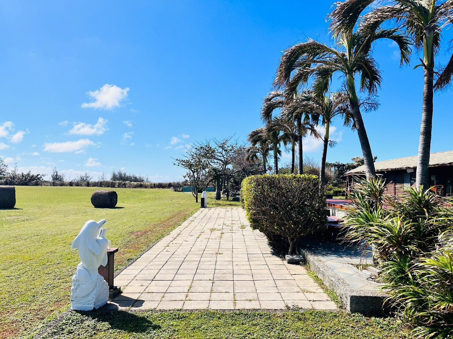 A pathway lined with palm trees and a statue, leading to a building with a thatched roof.
