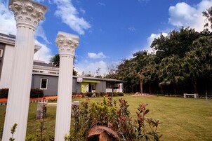 Un edificio con columnas blancas, fachada gris y un césped bien cuidado con palmeras.