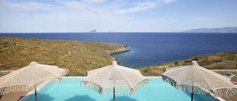 Seasonal outdoor pool, pool umbrellas, sun loungers