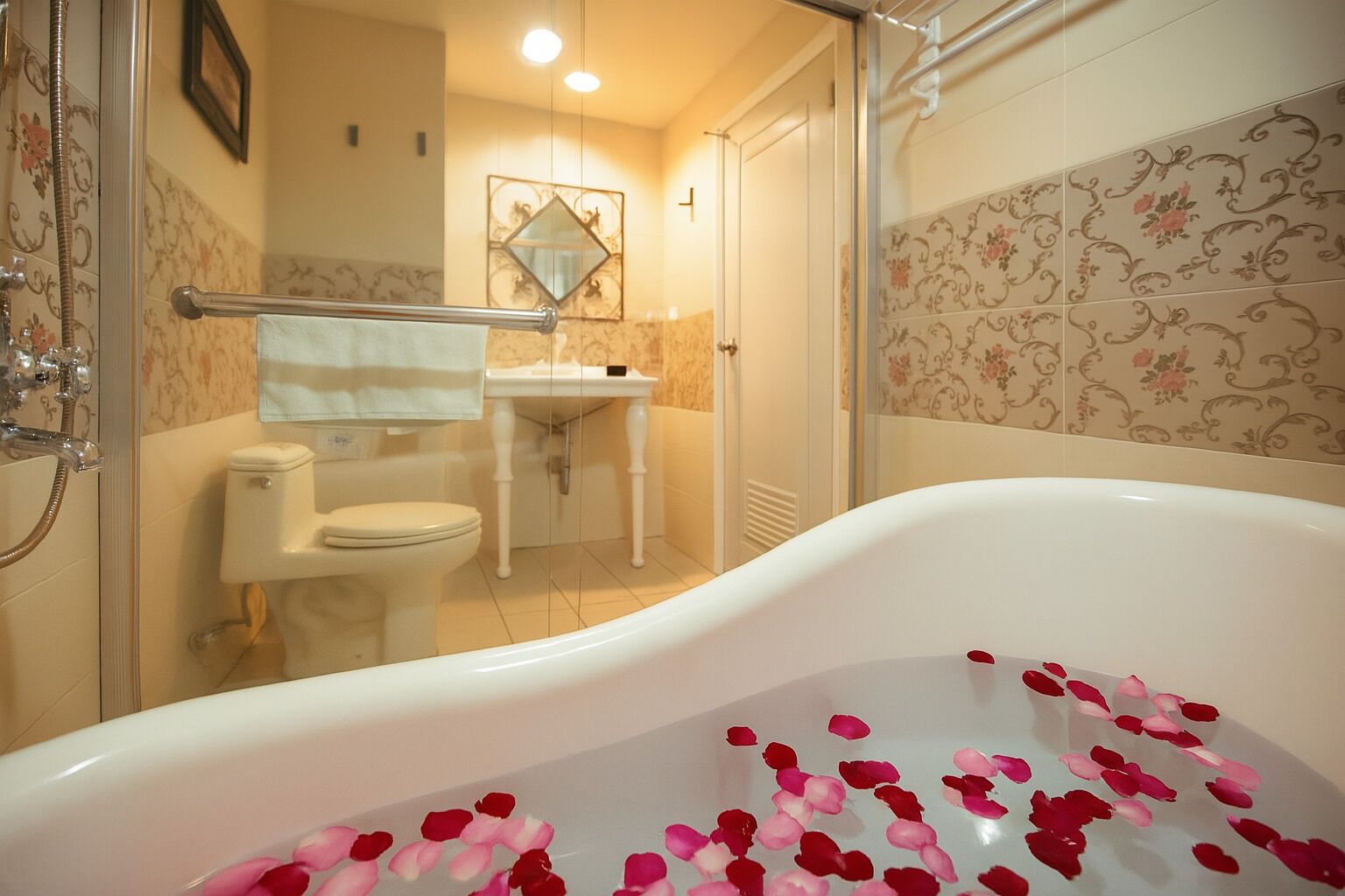 A bathroom with a bathtub filled with rose petals, a toilet, and a shower area.