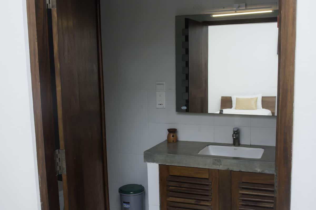 A bathroom with a wooden door, a sink, a mirror, and a trash bin.
