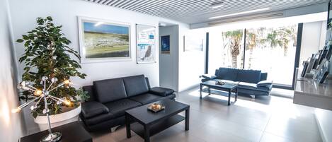 Una sala de estar moderna con un sofá negro, una mesita de centro y una planta en maceta.
