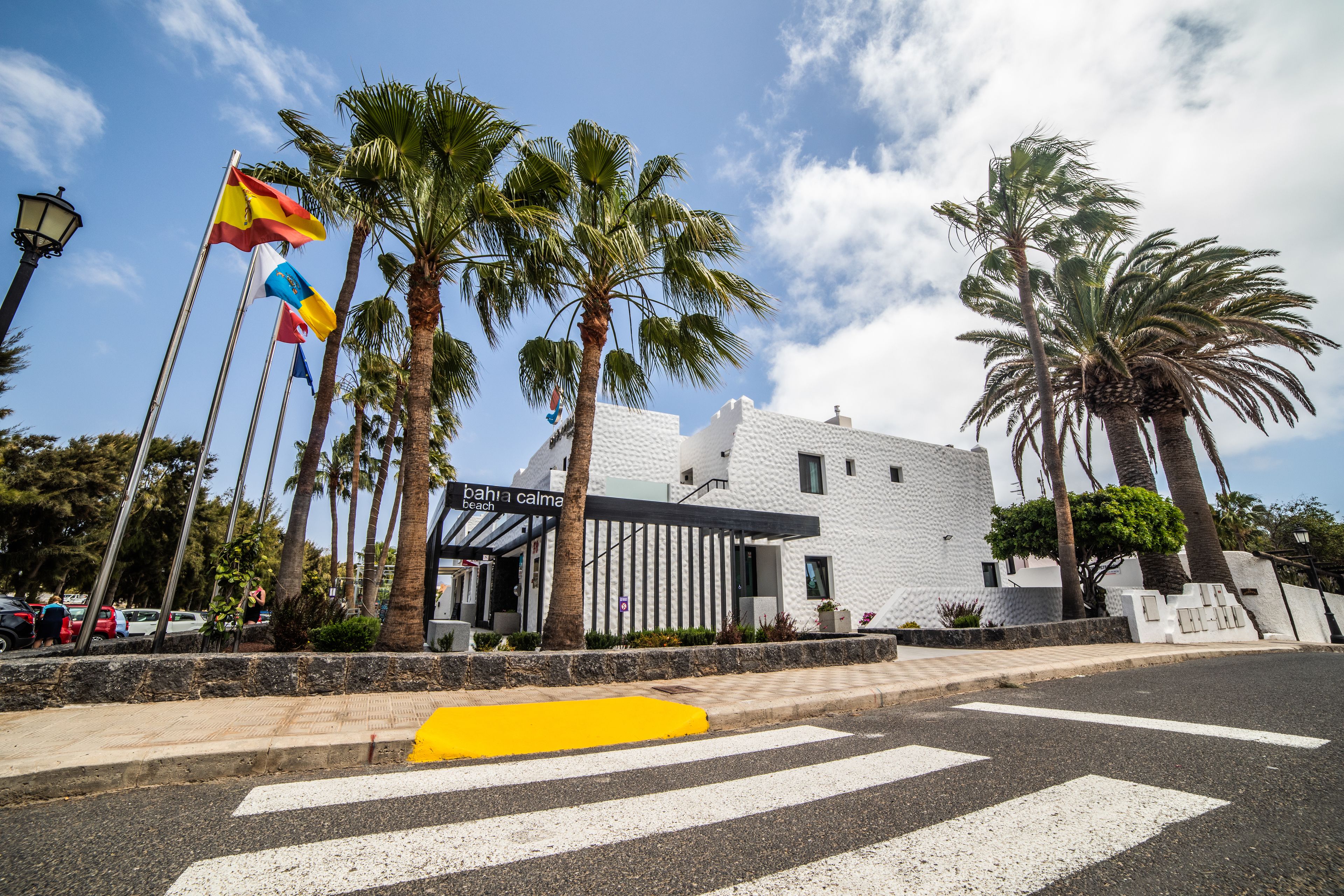 A modern building with a white facade, palm trees, and flags.
